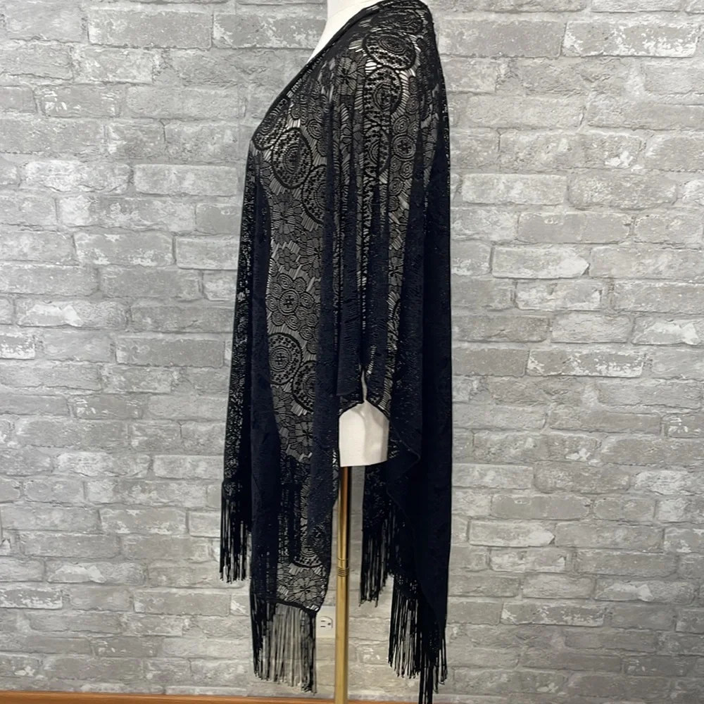 Dressbarn Black Lace Kimono with Fringe - Picture 4 of 5